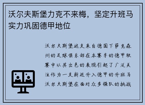 沃尔夫斯堡力克不来梅，坚定升班马实力巩固德甲地位